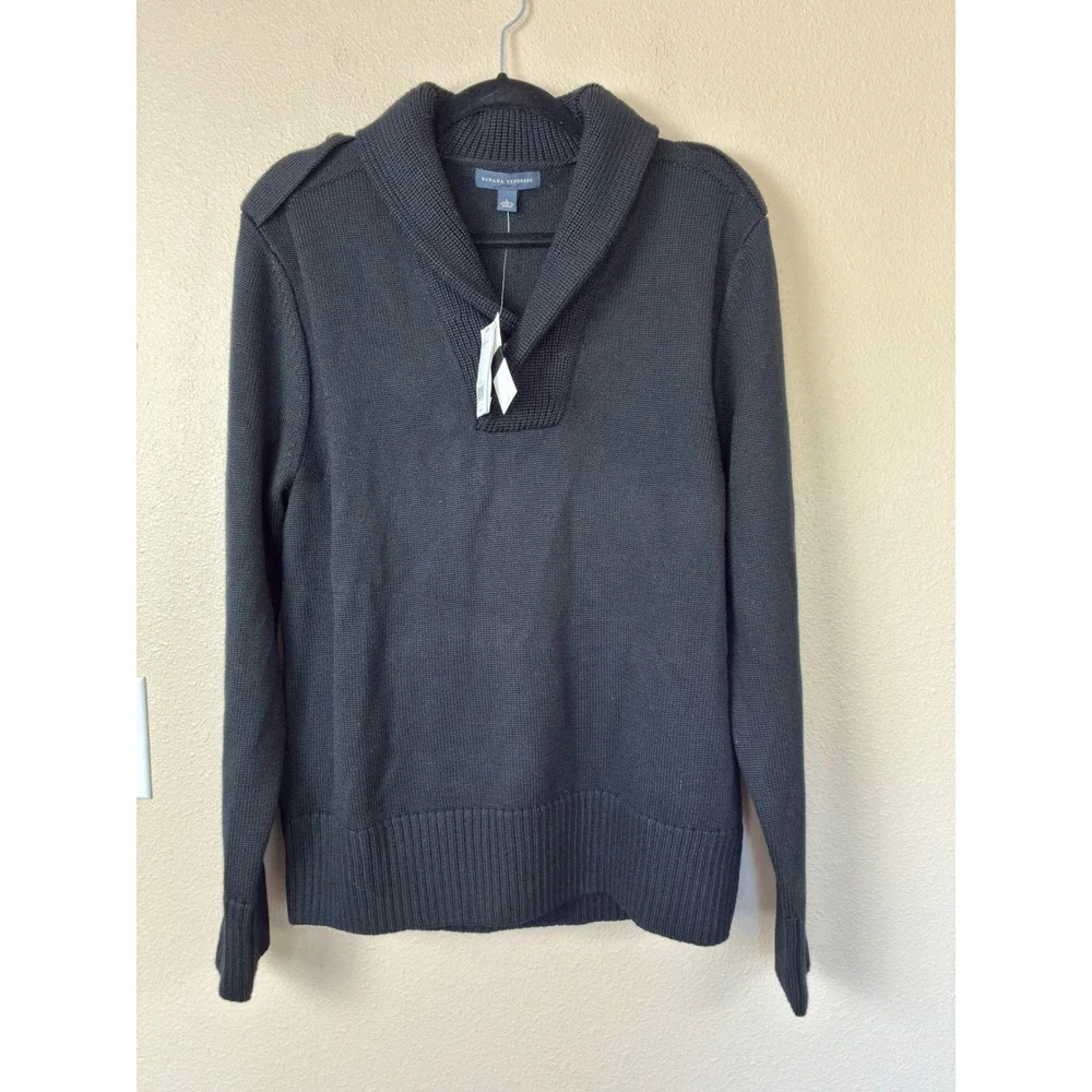 Banana Republic Mens Black 100% Wool Shawl Collar Pullover Sweater L 690613-00-1